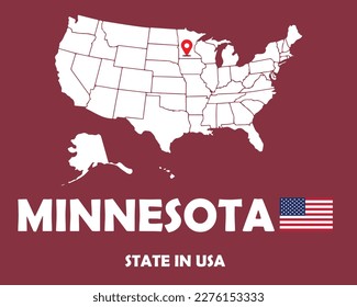 Minnesota state of USA text design with America flag and white silhouette map