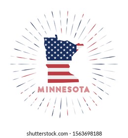 Minnesota sunburst badge. The US state sign with map of Minnesota with American flag. Colorful rays around the logo. Vector illustration.