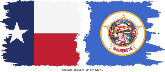 Minnesota and Texas states grunge brush flags connection, vector old