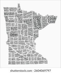 Minnesota text style counties. State region names word clouds in English language. Modern vector illustration.