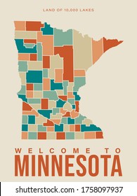 Minnesota tourist vector poster with state map, landscapes, sightseeing in flat vintage style. United States