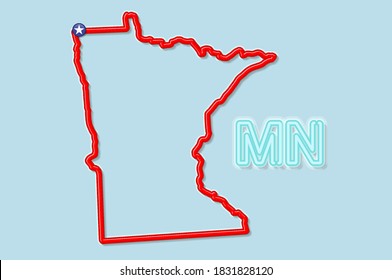 Minnesota US state bold outline map. Glossy red border with soft shadow. Two letter state abbreviation. Vector illustration.