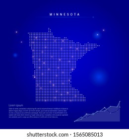 Minnesota US state illuminated map with glowing dots. Infographics elements. Dark blue space background. Vector illustration. Growing chart, lorem ipsum text.