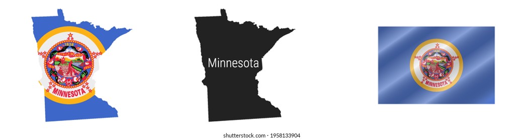 Minnesota US state map with masked flag. Detailed silhouette. Waving flag. Vector illustration isolated on white.