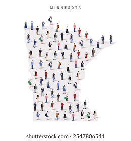 Minnesota US state population map. Large group of realistic a diverse crowd of people figures. Flat vector illustration isolated on white.