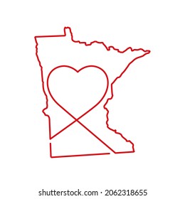 Mapa de esquema rojo del estado de Minnesota con forma de corazón manuscrita. Dibujo continuo de la línea del signo patriótico del hogar. Un amor por una pequeña patria. La idea de imprimir camisetas. Ilustración vectorial.