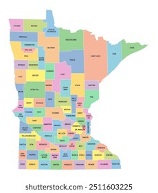 Minnesota, U.S. state, subdivided into 87 counties, multi colored political map with capital St. Paul, borders and county names. State in the Upper Midwestern region of the USA. North Star State.