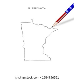 Minnesota US State Vector Map Pencil Sketch. Minnesota Outline Contour Map With 3D Pencil In American Flag Colors. Freehand Drawing Vector, Hand Drawn Sketch Isolated On White.