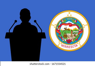 Habla el hombre de fondo de la bandera de los Estados Unidos de Minnesota. Concepto de conferencia de presentación de Business Man