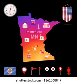 Minnesota Vector Map, Night View. Compass Icon, Map Navigation Elements. Pennant Flag of the United States. Vector Flag of Minnesota. Various Industries, Economic Geography Icons.