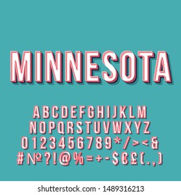 Minnesota vintage 3d vector lettering. Retro bold font, typeface. Pop art stylized text. Old school style letters, numbers, symbols, elements pack. 90s, 80s poster, banner. Skyblue color background