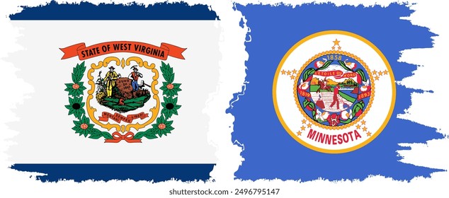 Minnesota and West Virginia states grunge brush flags connection, vector old