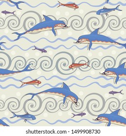 Minoan ancient culture.Ancient greece mythology.Background with minoan dolphin.Historical illustration.