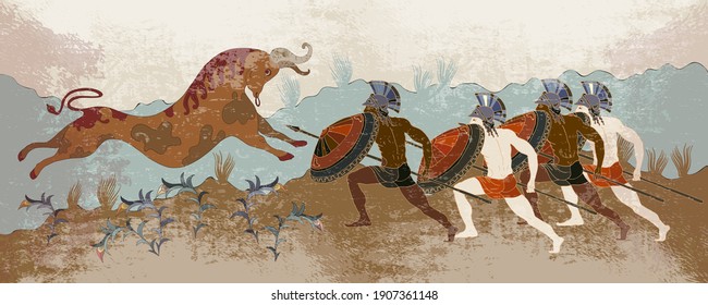 Minoan civilization. Ancient Greece banner. Hunting for a Minotaur. Classical medieval style. Vector illustration 