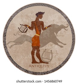 Minoan civilization. Ancient Greece frescos. Slave and jumping bull. Knossos murals mythology. Crete. Heraklion 