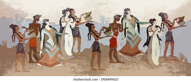 ミノア文明。 ヘラクリオン。 ノッソス壁画神話。 古代ギリシャのフレスコス。 古代クレート美術