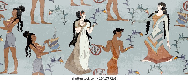 Minoan civilization horizontal seamless pattern. Ancient Greece frescos. Goddesses. Ancient Crete culture. Heraklion. Knossos murals mythology 