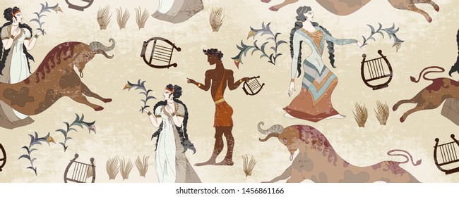 Minoan civilization seamless pattern. Ancient Greece frescos. Jumping bulls and goddesses. Ancient Crete culture. Heraklion. Knossos murals mythology 