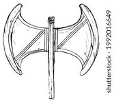 Minoan double axe labrys. Ancient Cretan sacred symbol of goddess. Hand drawn linear doodle rough sketch. Black silhouette on white background.