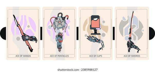 Der kleine Arcana, Asche von Gandas, Pentakles, Tassen und Schwerter. Cyberpunk-Stil. Handgezeichnete Vektorgrafik.