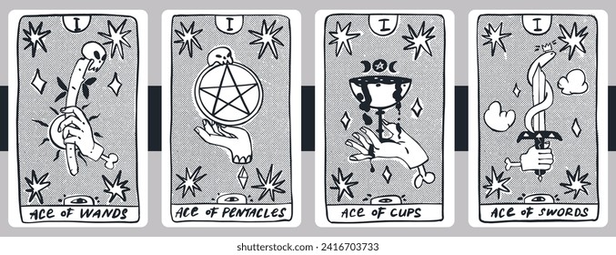 The Minor Arcana, aces of wands, pentacles, cups and swords. Hand drawn line sketch of Tarot.