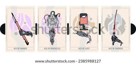 The Minor Arcana, aces of wands, pentacles, cups and swords. Cyberpunk style. Hand-draw vector illustration.