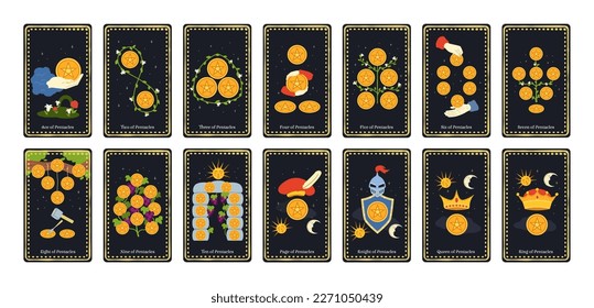 Minor arcana coins tarot cards. Suit of Ace, Knight, King, Queen and Page of Pentacles signs, esoteric stars deck vector illustration set. Cartomancy concept, predicting future with magic elements