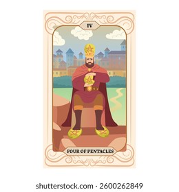 Minor Arcana. four of Pentacles tarot card design. Hand drawn cartoon linear flat style. 4 of Pentacles