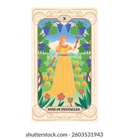 Minor Arcana. Nine of Pentacles tarot card design. Hand drawn cartoon linear flat style. 9 of Pentacles
