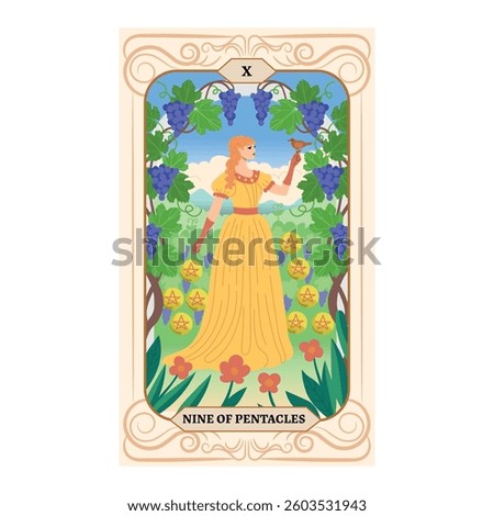 Minor Arcana. Nine of Pentacles tarot card design. Hand drawn cartoon linear flat style. 9 of Pentacles
