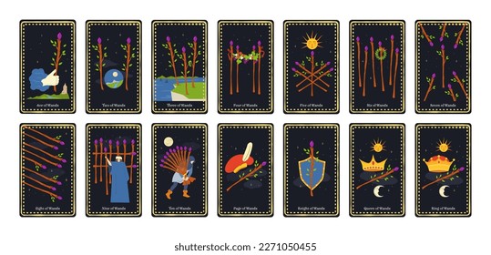 Minor arcana wands tarot cards. Alchemy occult deck with king, queen, knight, page and ace card. Will suit vector illustration set. Fate and fortune telling, dark flat design collection