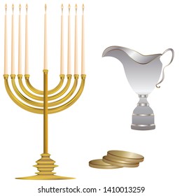 Minor with nine candles Coins. Jug with handle  silver gold  isolated on white background  vector. Hanukkah. Religion. Tradition.