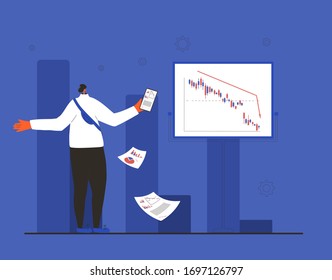 Minor shareholder reading reports about finance recession. Stock market crash. Financial analyst or advisor looking graphs and candles sticks. Collapsing stock prices. Vector flat color illustration.