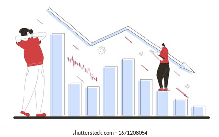Minor shareholders panic. Stock market crash. Man grabbed his head looking at a computer screen. Collapsing stock prices. Vector flat color illustration.