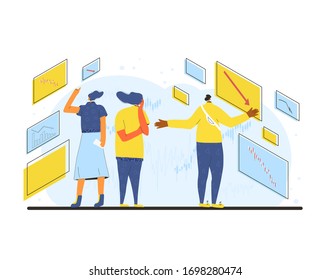 Minor shareholders reading reports about finance recession. Stock market crash. Financial analyst and advisor looking graphs and candles sticks. Collapsing stock prices. Vector flat color illustration