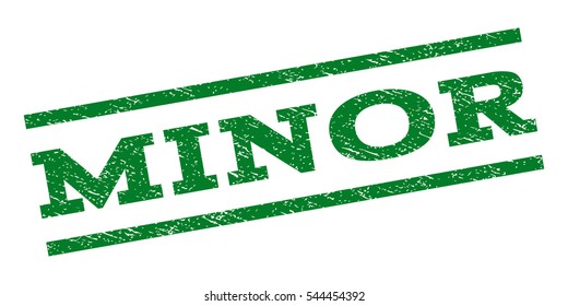 Minor watermark stamp. Text tag between parallel lines with grunge design style. Rubber seal stamp with dirty texture. Vector green color ink imprint on a white background.
