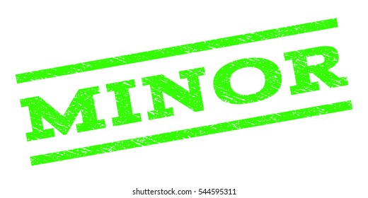 Minor watermark stamp. Text tag between parallel lines with grunge design style. Rubber seal stamp with unclean texture. Vector light green color ink imprint on a white background.