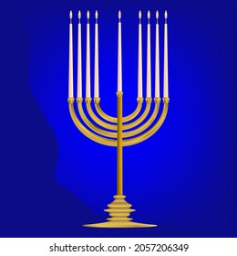 Minora - golden seven-frame lamp on a blue background - vector. Traditional religious national holiday. Hanukkah.