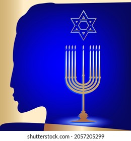 Minora, Star of David, female image - gold on a blue background - vector. Traditional religious national holiday. Hanukkah.