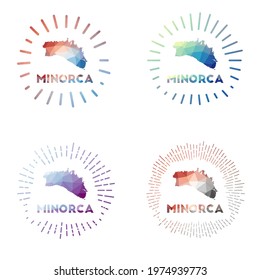 Minorca low poly sunburst set. Logo of island in geometric polygonal style. Vector illustration.