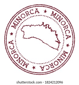 Minorca round rubber stamp with island map. Vintage red passport stamp with circular text and stars, vector illustration.