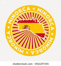 Minorca round stamp. Logo of island with flag. Vintage badge with circular text and stars, vector illustration.