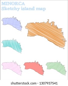 Minorca sketchy island map. Creative hand-drawn illustration in a dazzling, childish style.