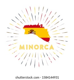 Minorca sunburst badge. The island sign with a map of Minorca and the Spanish flag. Colorful rays surround the logo. Vector illustration.