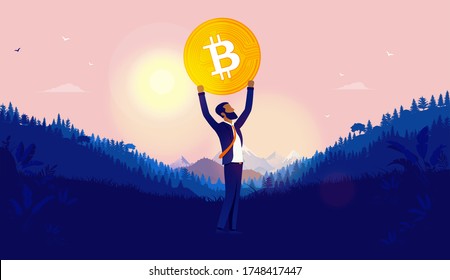 Minority bitcoin freedom - African American man standing in open landscape holding coin over his head and sunrise in background. Cryptocurrency independence and hope concept. Vector illustration.