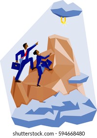 minority businessman and businesswoman climb mountain to reach brass ring of success, vector illustration