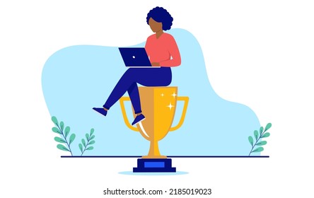 Minority Businesswoman Winner - Professional Black Ethnic Woman Sitting On Trophy Cup Working On Computer. Flat Design Vector Illustration With White Background