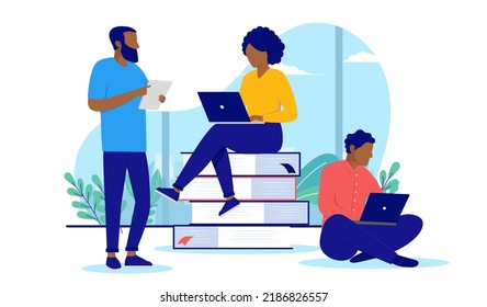 Minority Education - Ethnic Black People Studying, Taking Education And Studying With Computers And Books. Flat Design Vector Illustration With White Background