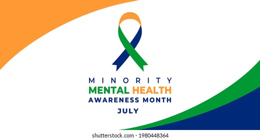 Minority Mental Health Awareness Month. Vector web banner for social media, poster, card, flyer. Text Minority Mental Health Awareness Month, July. Ribbon on white background.