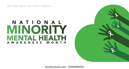 Minority Mental Health Awareness Month. Vector web banner for social media, poster, card, flyer. Text Minority Mental Health Awareness Month, July. Human head, a plant with leaves on white background.